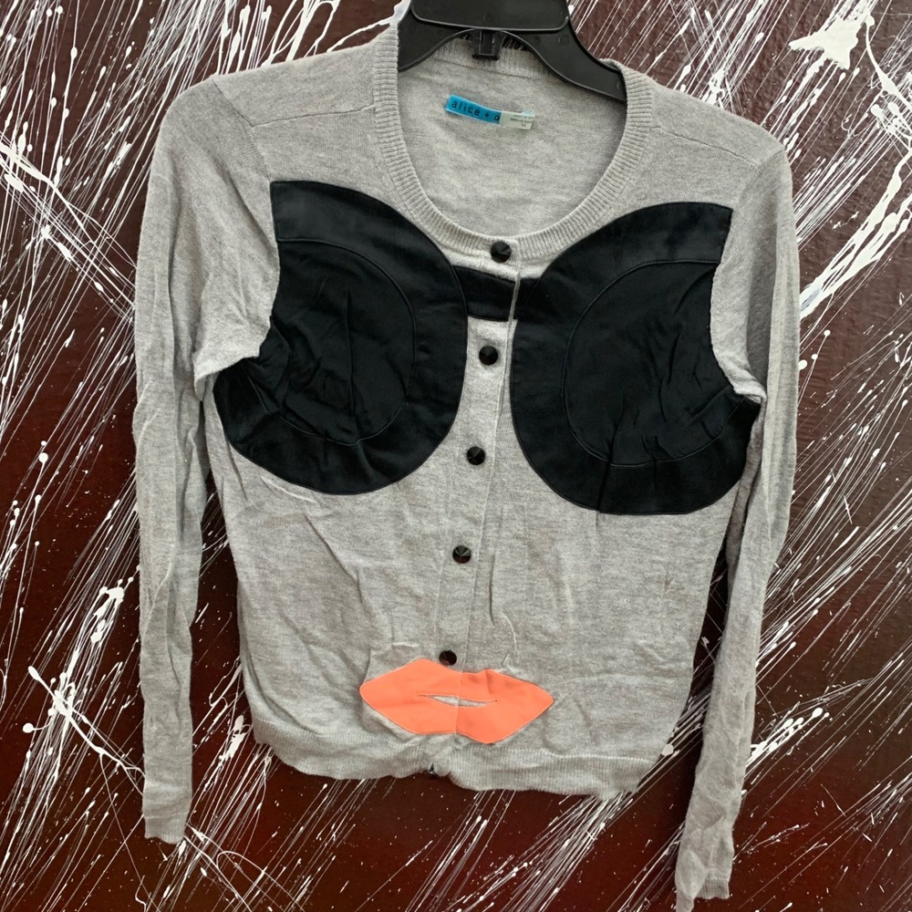 Alice + Olivia Gray Face Cardigan Black Eyes Orange Lips Button Front Small